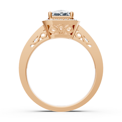 Rose gold ring with princess cut and delicate halo of lab diamonds
