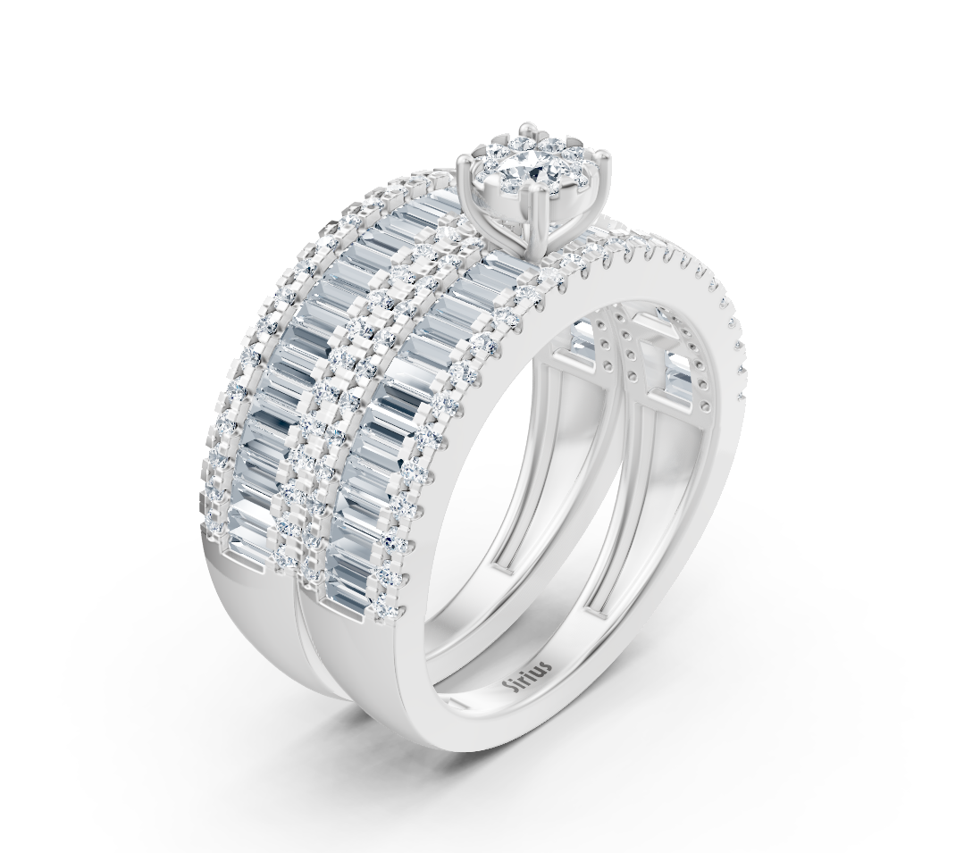 Wide engagement ring with baguette and round diamonds in white gold