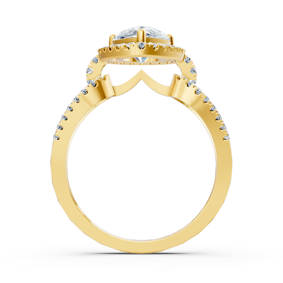 Solitaire ring made of yellow gold with pear-cut white topaz and diamonds – 14K