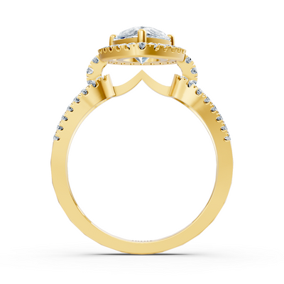 Solitaire ring made of yellow gold with pear-cut white topaz and diamonds – 14K