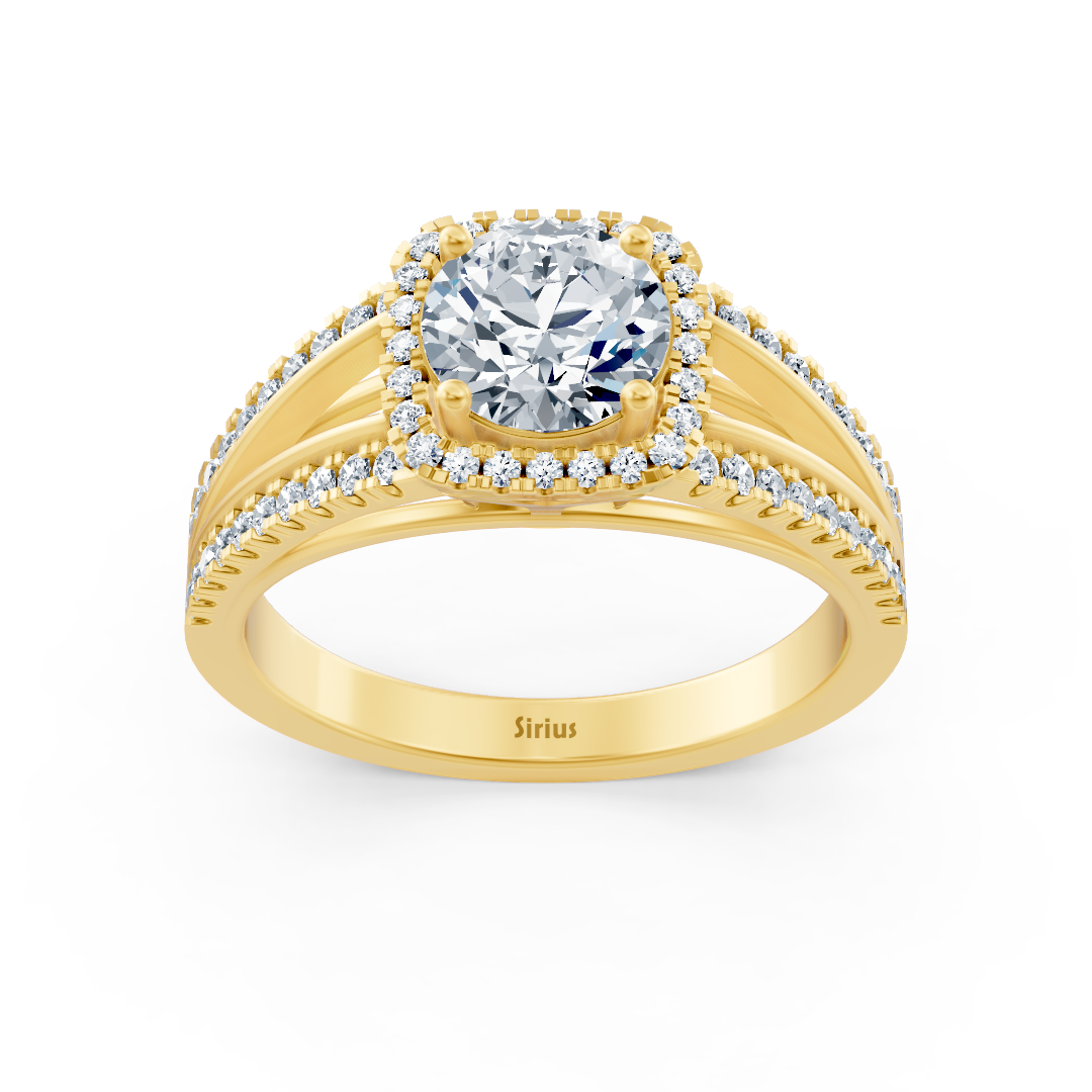 Raised halo ring in Yellow Gold with a lab-grown diamond and double band – high-quality Jewelry by Rosy Lab Diamonds