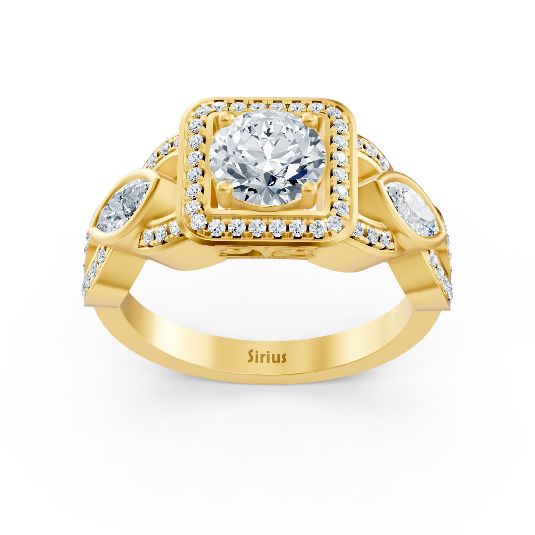 Bague en or jaune avec diamants et Émeraude - design marquise 14 K - Bijoux haut de gamme de Rosy Lab Diamonds