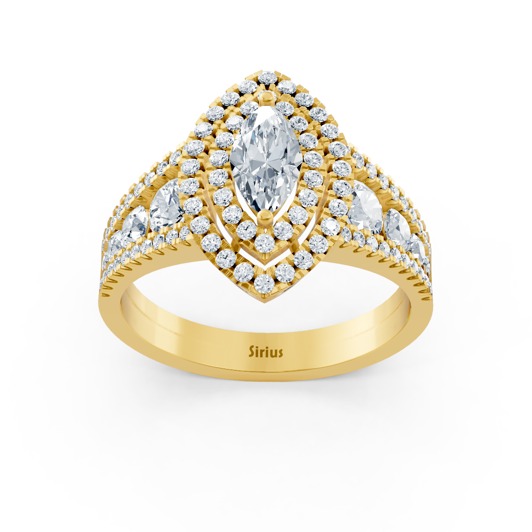 Yellow gold marquise diamond ring with white topaz and double halo – 14K
