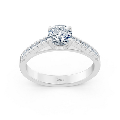 Fine white gold ring with graduated lab diamonds and solitaire