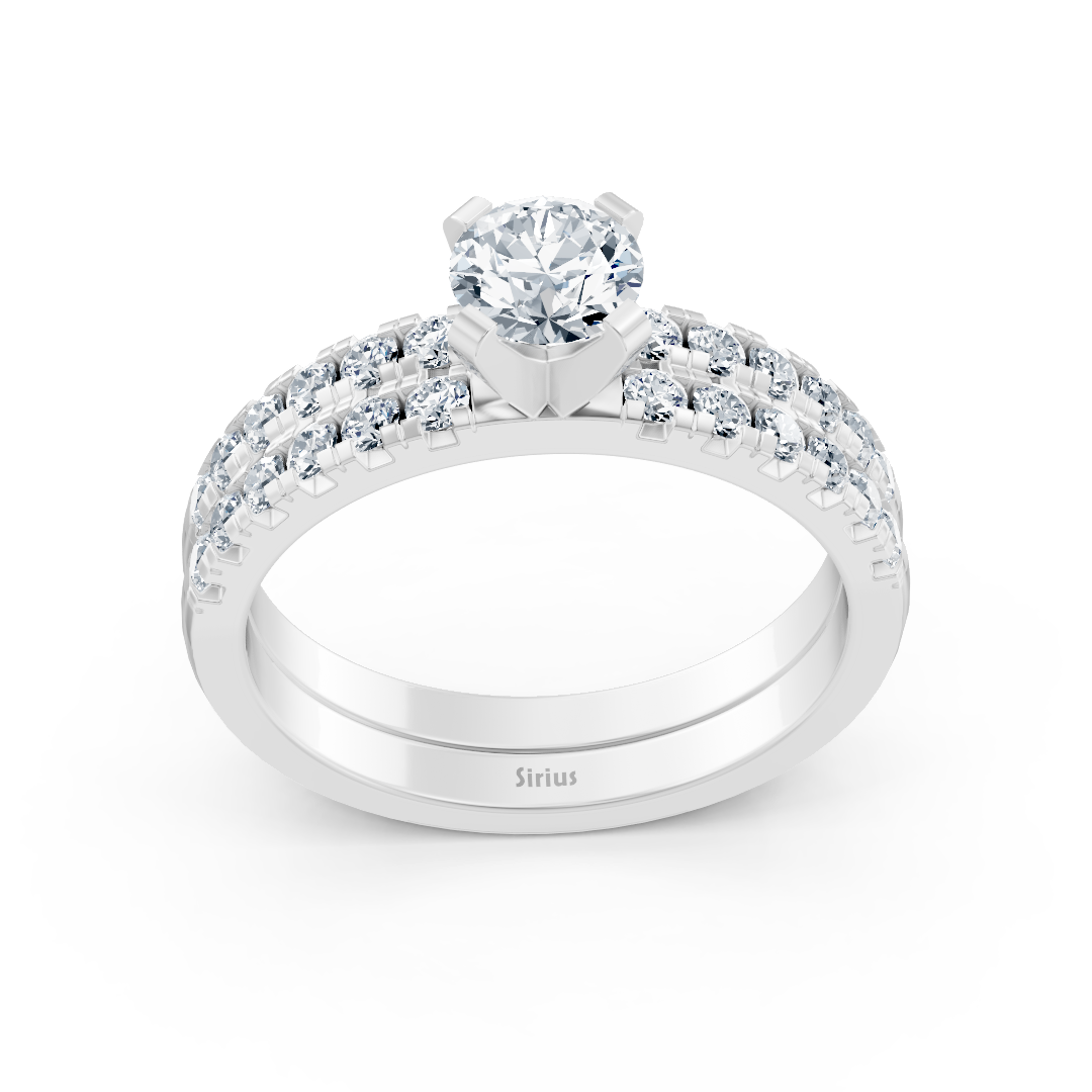 Weißgold-Ring mit Doppelreihe und zentralem Solitär aus Labor-Diamanten - hochwertiger Schmuck von Rosy Lab Diamonds