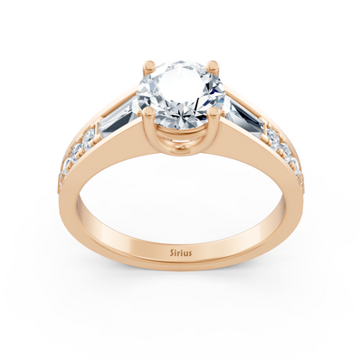 Rose gold ring with solitaire and white topaz details made from lab diamonds
