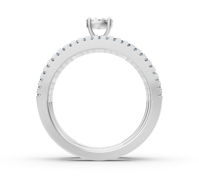 Wide engagement ring with baguette and round diamonds in white gold
