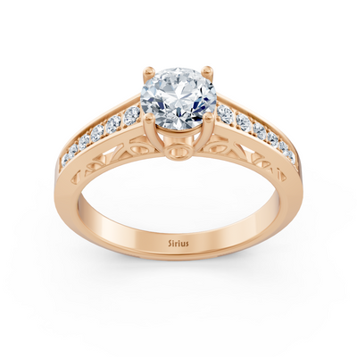 Rose gold ring with ornament design, lab diamonds and white topaz
