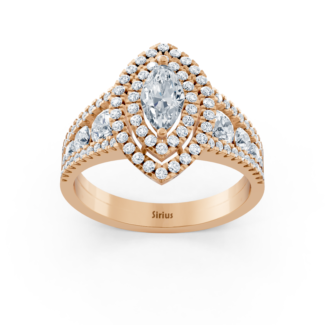 Rose gold marquise diamond ring with white topaz and double halo – 14K