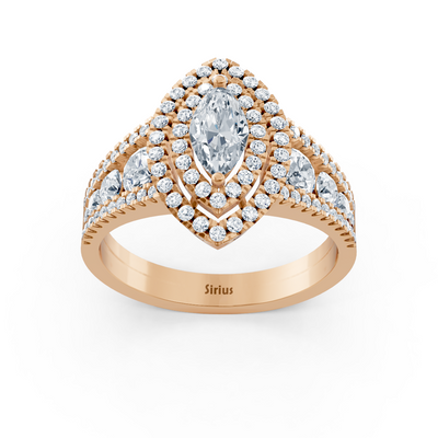 Rose gold marquise diamond ring with white topaz and double halo – 14K