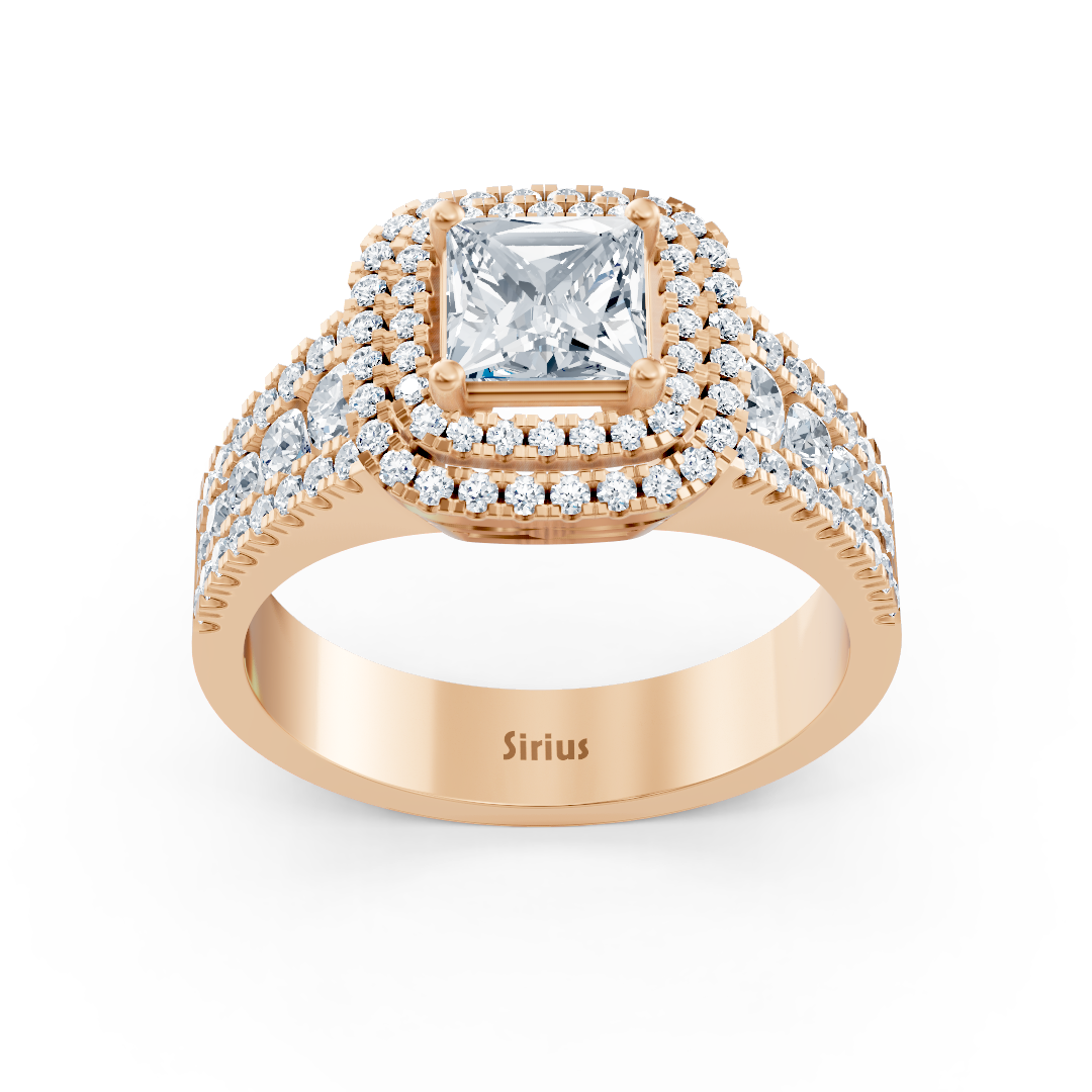 Pavé ruby ring in 14K rose gold with princess and round cut, lab-grown