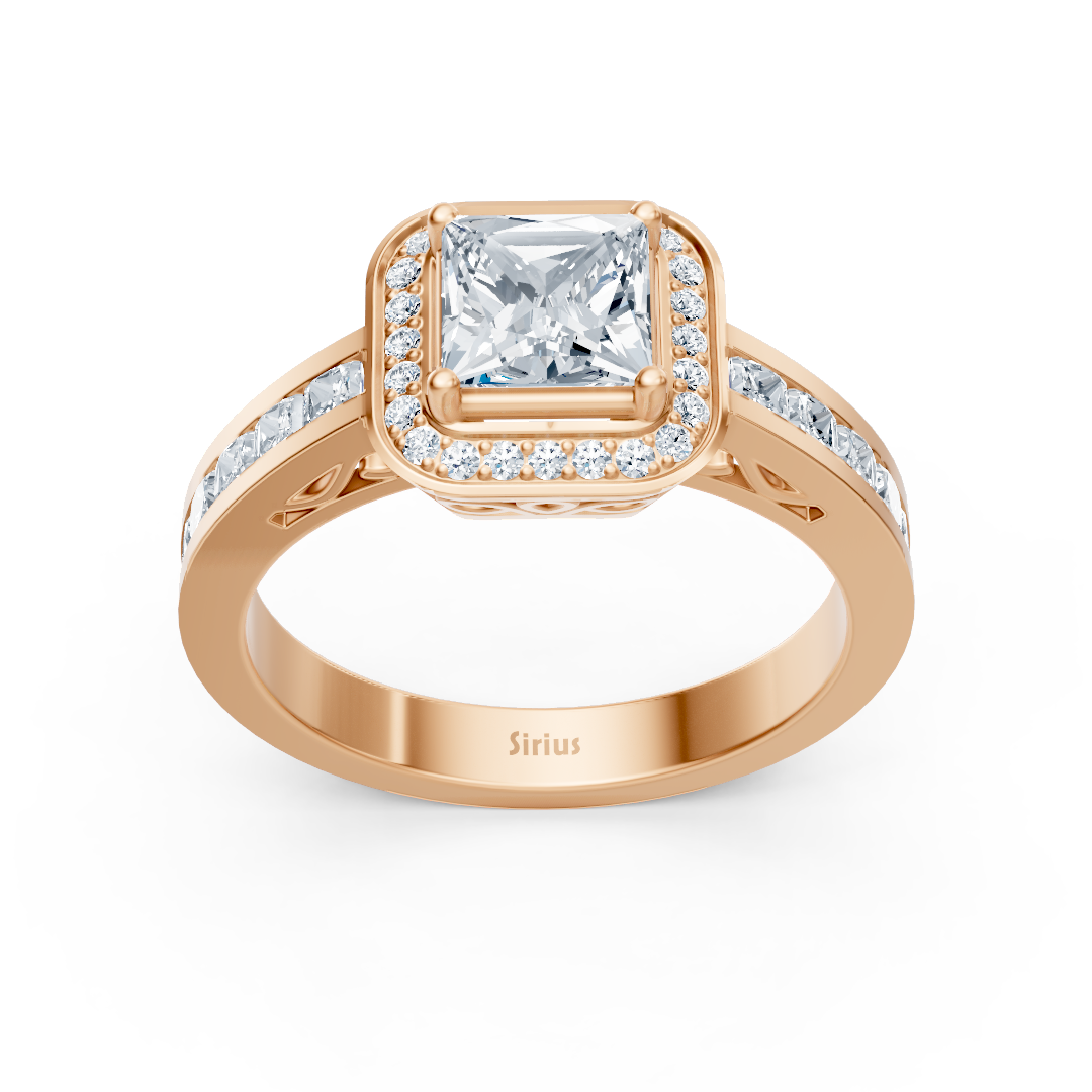Rose gold ring with princess cut and delicate halo of lab diamonds