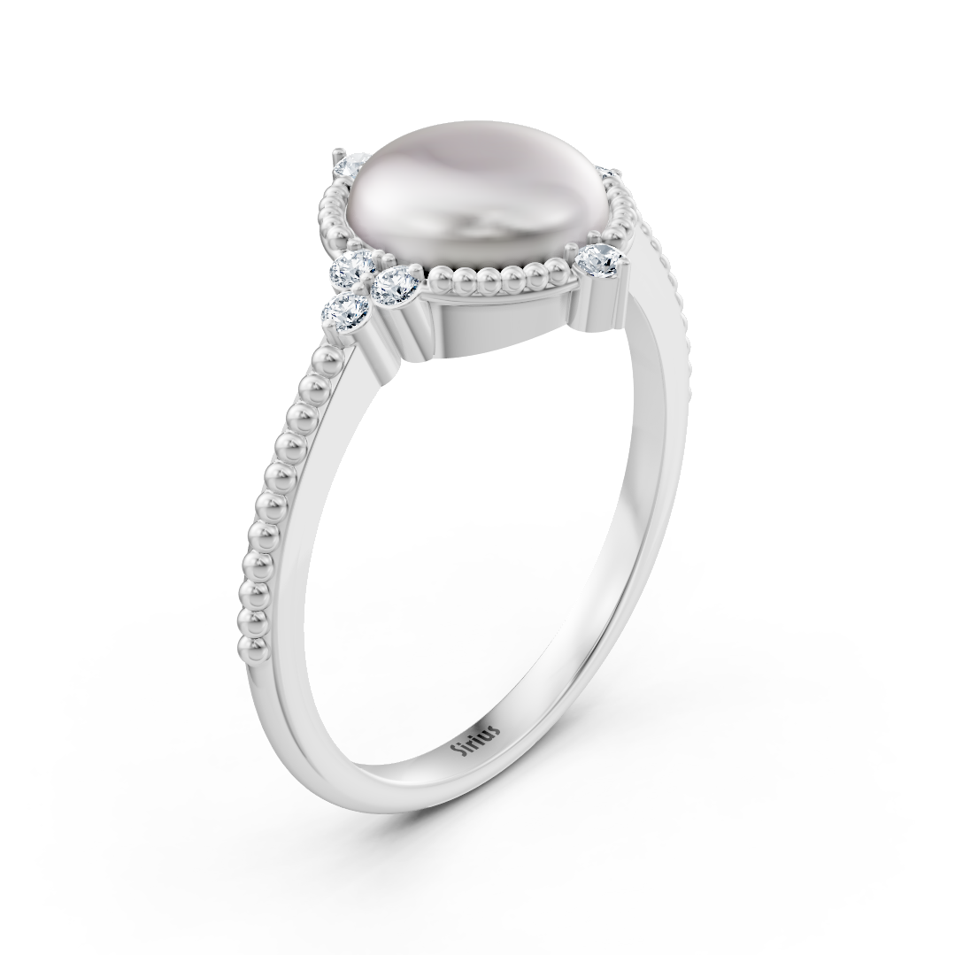Elegant cabochon pearl ring with diamonds in 14K white gold – 77R0249