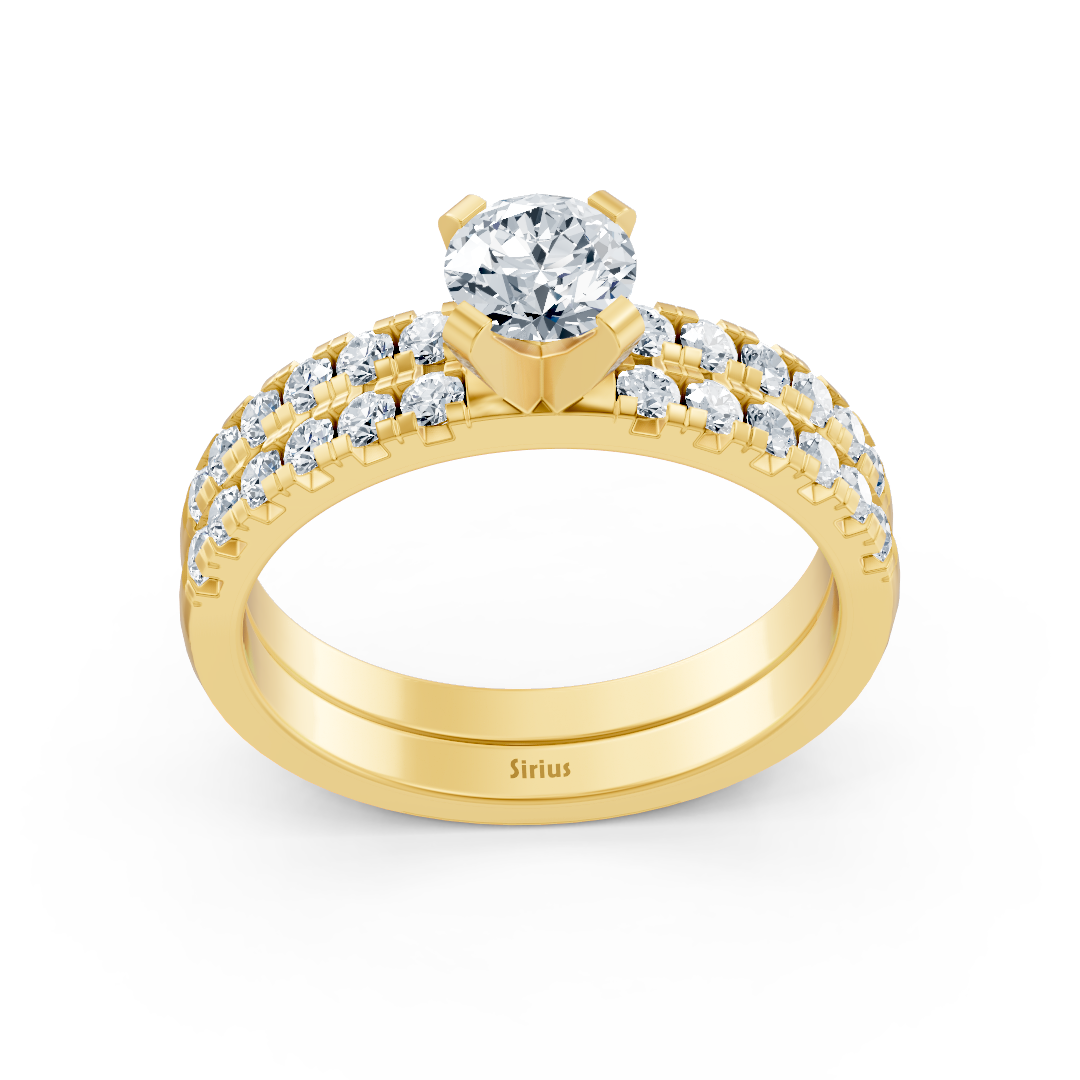 Gelbgold-Ring mit Doppelreihe und Solitär aus Labor-Diamanten - hochwertiger Schmuck von Rosy Lab Diamonds