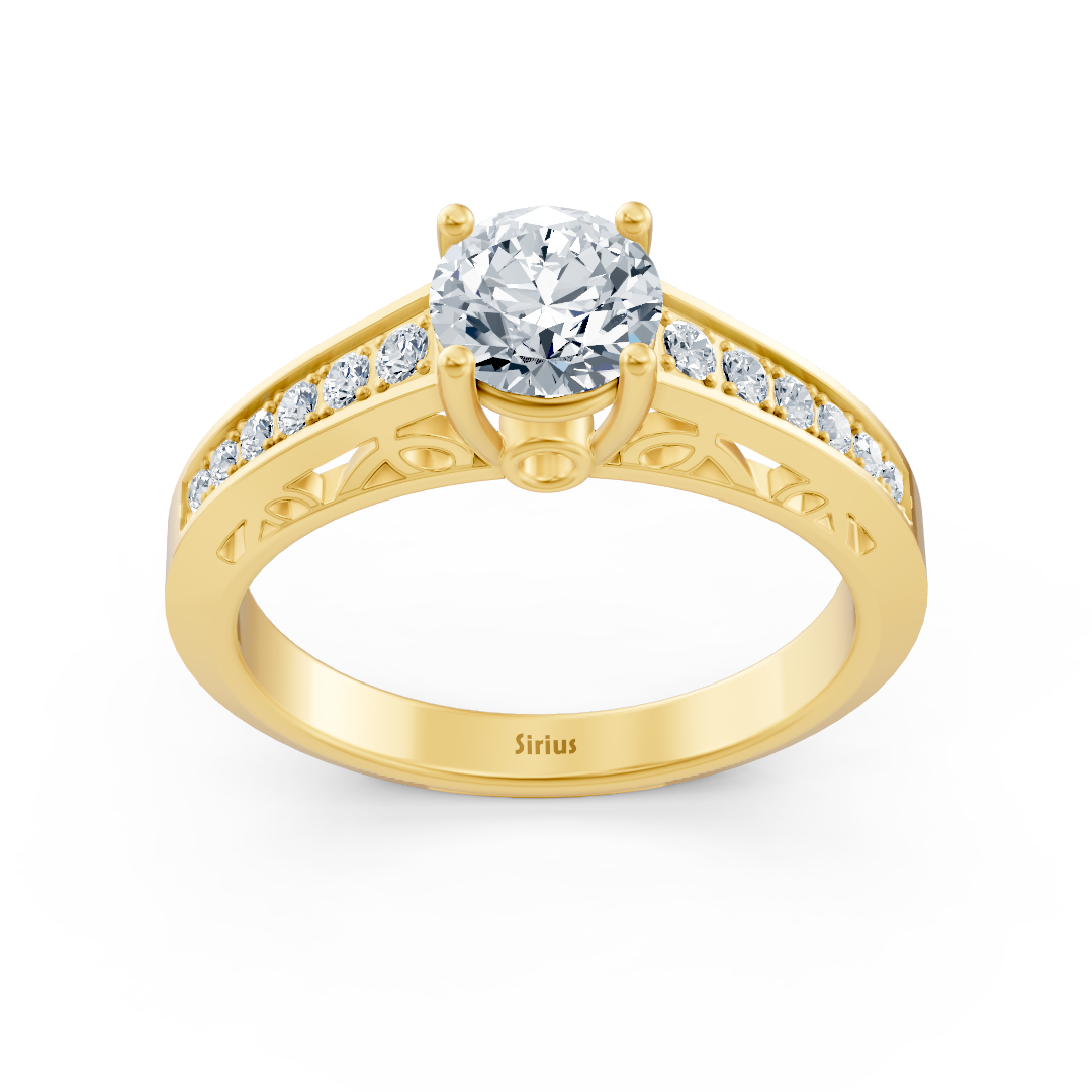 Gelbgold-Ring mit Ornamentdetails und Labor-Diamanten & Weißtopas - hochwertiger Schmuck von Rosy Lab Diamonds