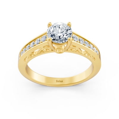 Yellow gold ring with ornamental details and lab diamonds & white topaz