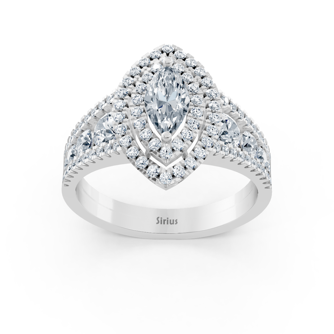 Elegant marquise diamond ring in 14K white gold with white topaz and double halo