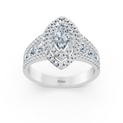 Elegant marquise diamond ring in 14K white gold with white topaz and double halo
