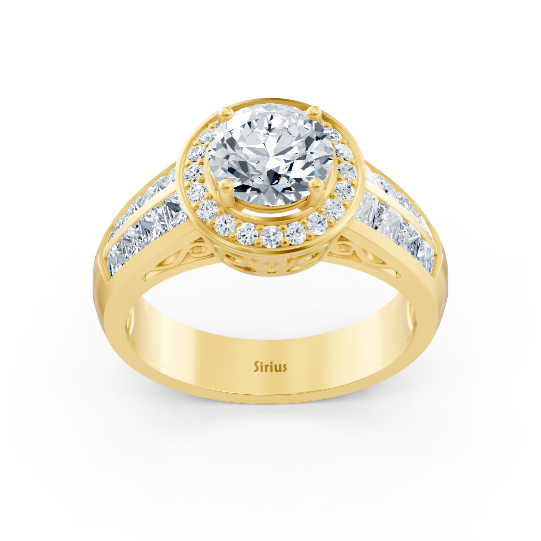 Elegant yellow gold ring with halo and princess cut – lab-grown diamonds