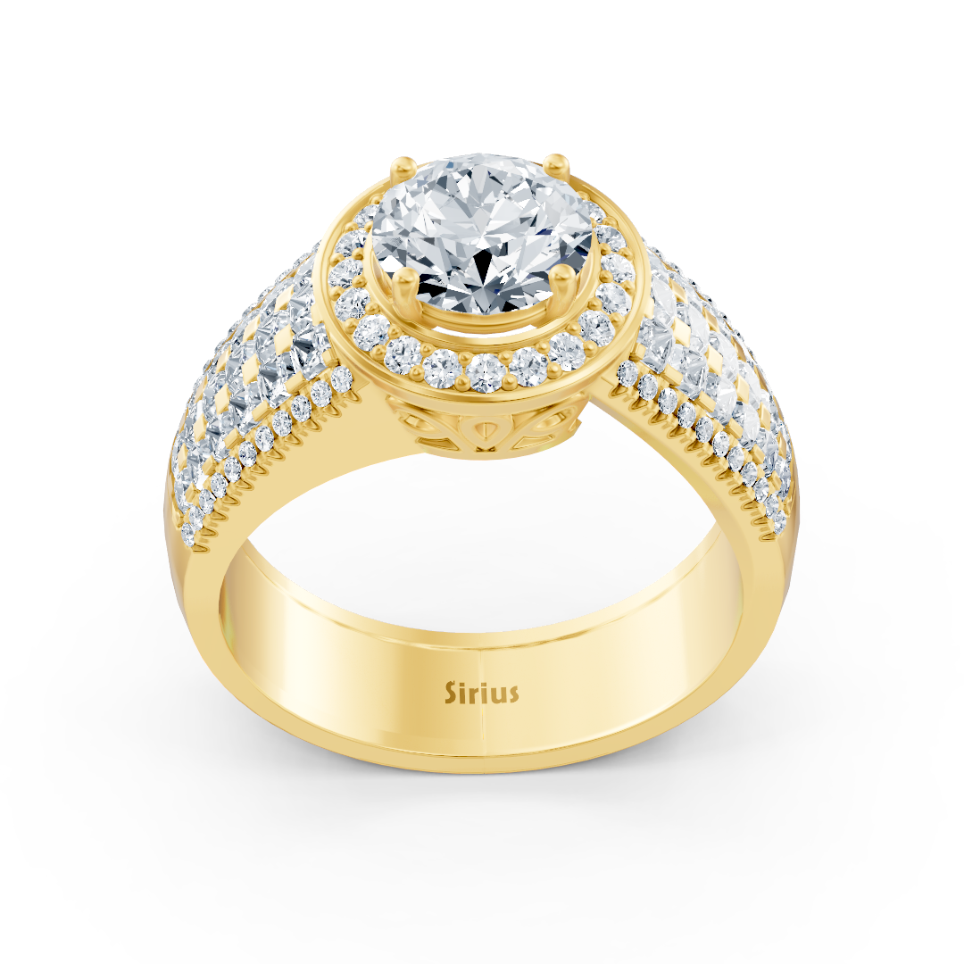 Solitaire halo ring made of yellow gold with princess cut in pavé style – ethically lab-grown