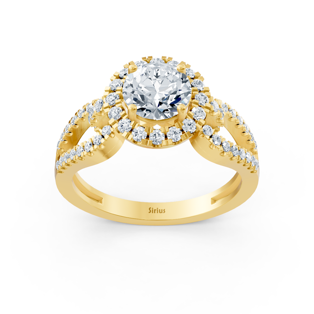 Gelbgoldring mit geteiltem Band und funkelndem Halo-Labor-Diamant - hochwertiger Schmuck von Rosy Lab Diamonds