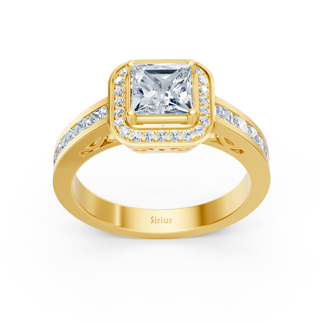 Bague halo solitaire en Or Jaune avec diamant taille princesse et serti rail – Bijoux haut de gamme de Rosy Lab Diamonds