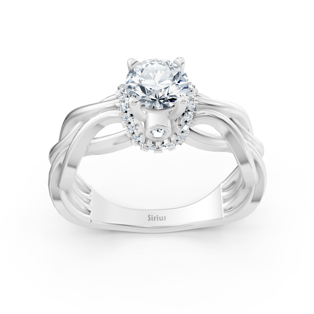 Braided white gold ring with solitaire and fine lab diamonds