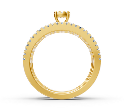 Wide engagement ring with baguette and round diamonds in yellow gold
