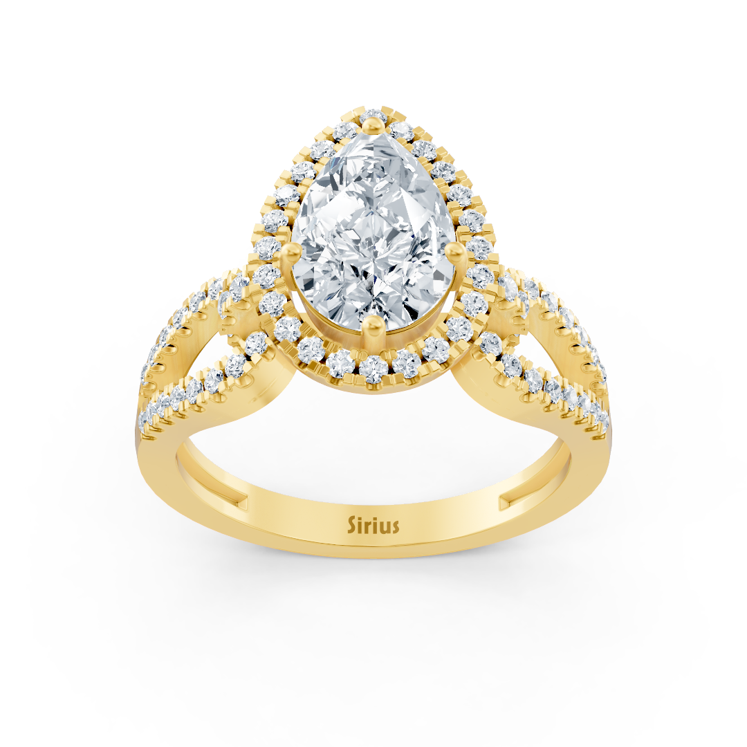 Solitaire ring made of yellow gold with pear-cut white topaz and diamonds – 14K