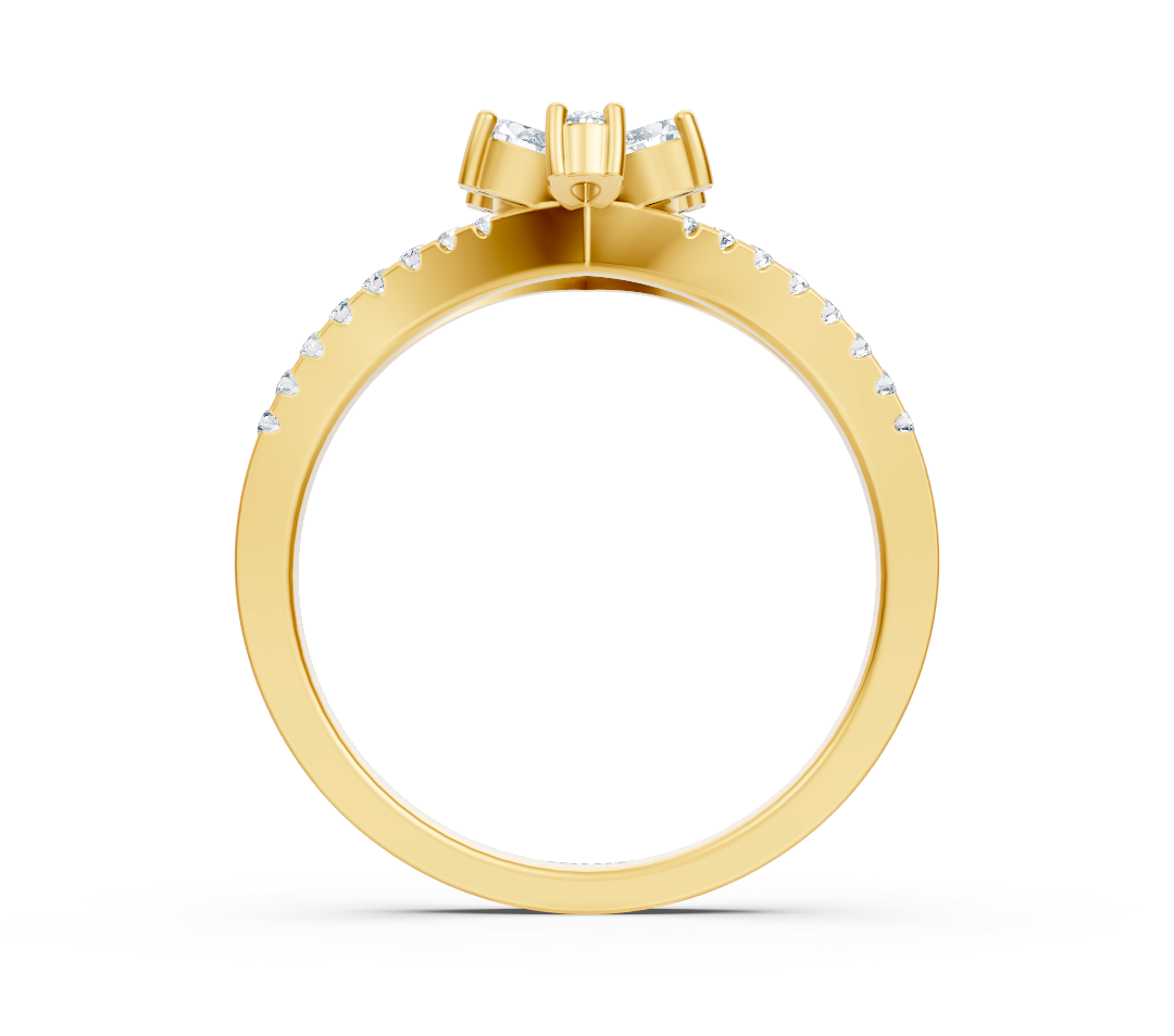 Yellow gold ring with triple setting and round as well as pear diamonds