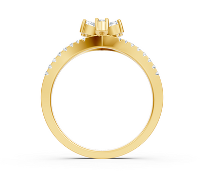 Yellow gold ring with triple setting and round as well as pear diamonds