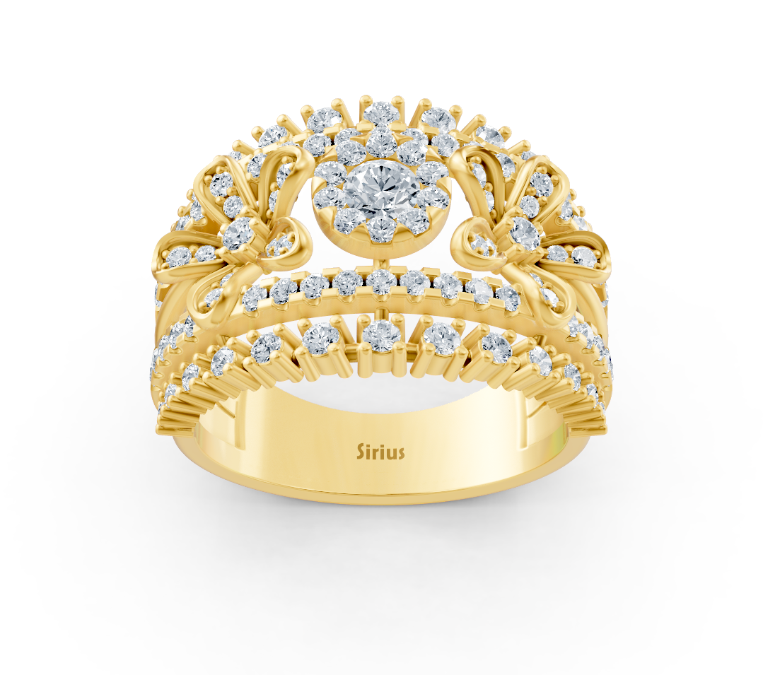 Yellow gold ring with floral motif and round lab diamonds