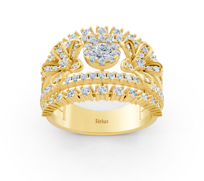 Yellow gold ring with floral motif and round lab diamonds