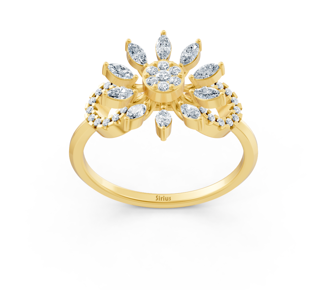 Yellow gold ring with marquise lab diamonds in floral style