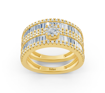 Wide engagement ring with baguette and round diamonds in yellow gold