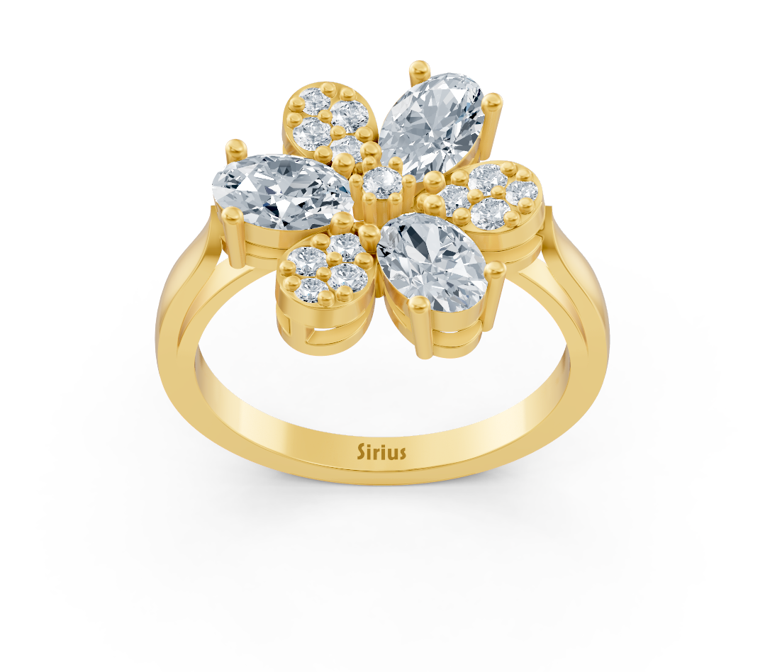 Yellow gold ring with oval and round diamonds in floral design – 1.45 carats