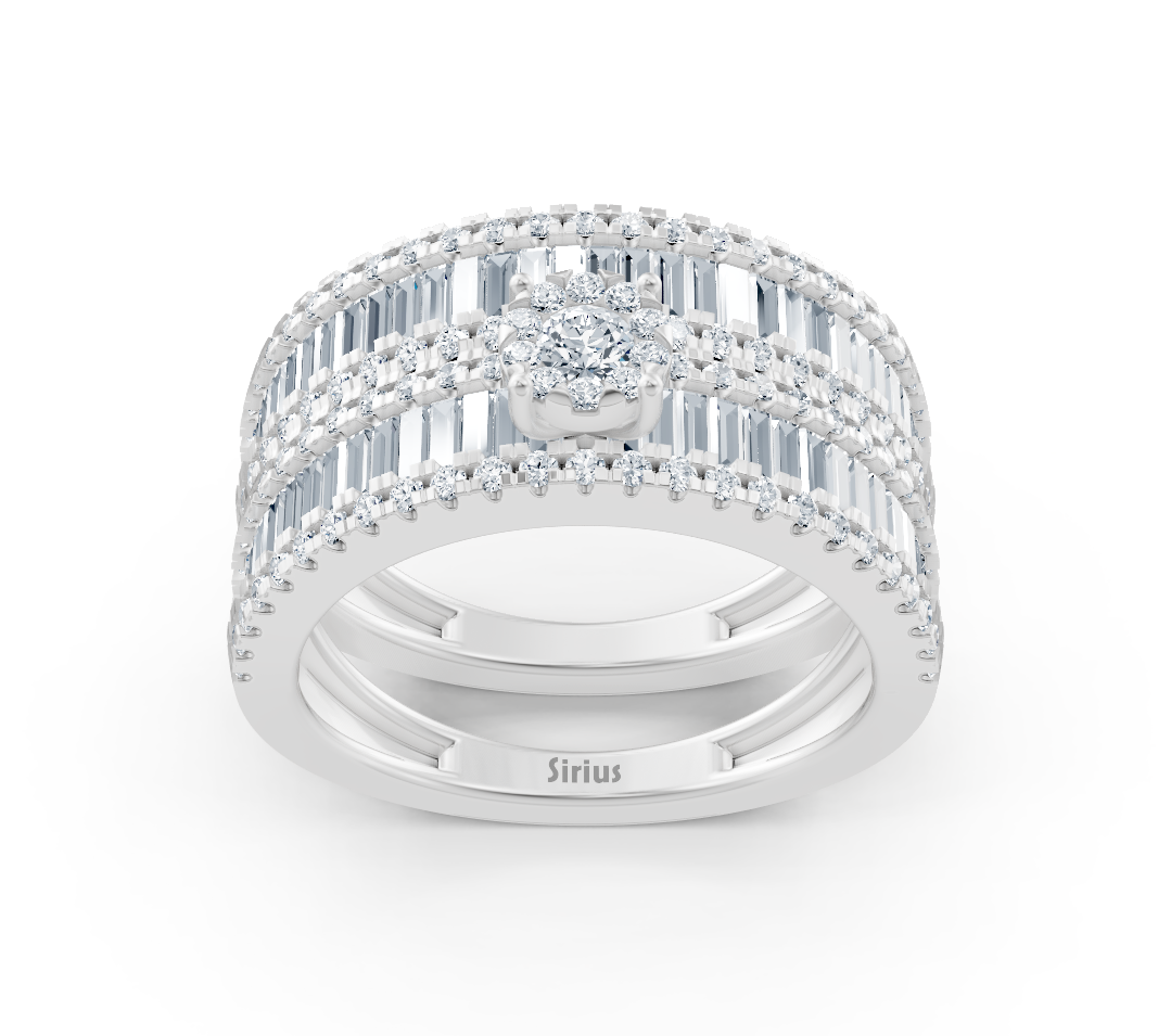 Wide engagement ring with baguette and round diamonds in white gold