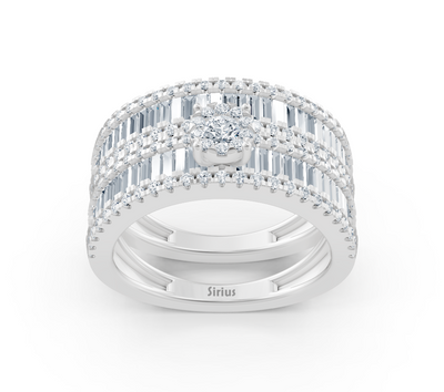 Wide engagement ring with baguette and round diamonds in white gold