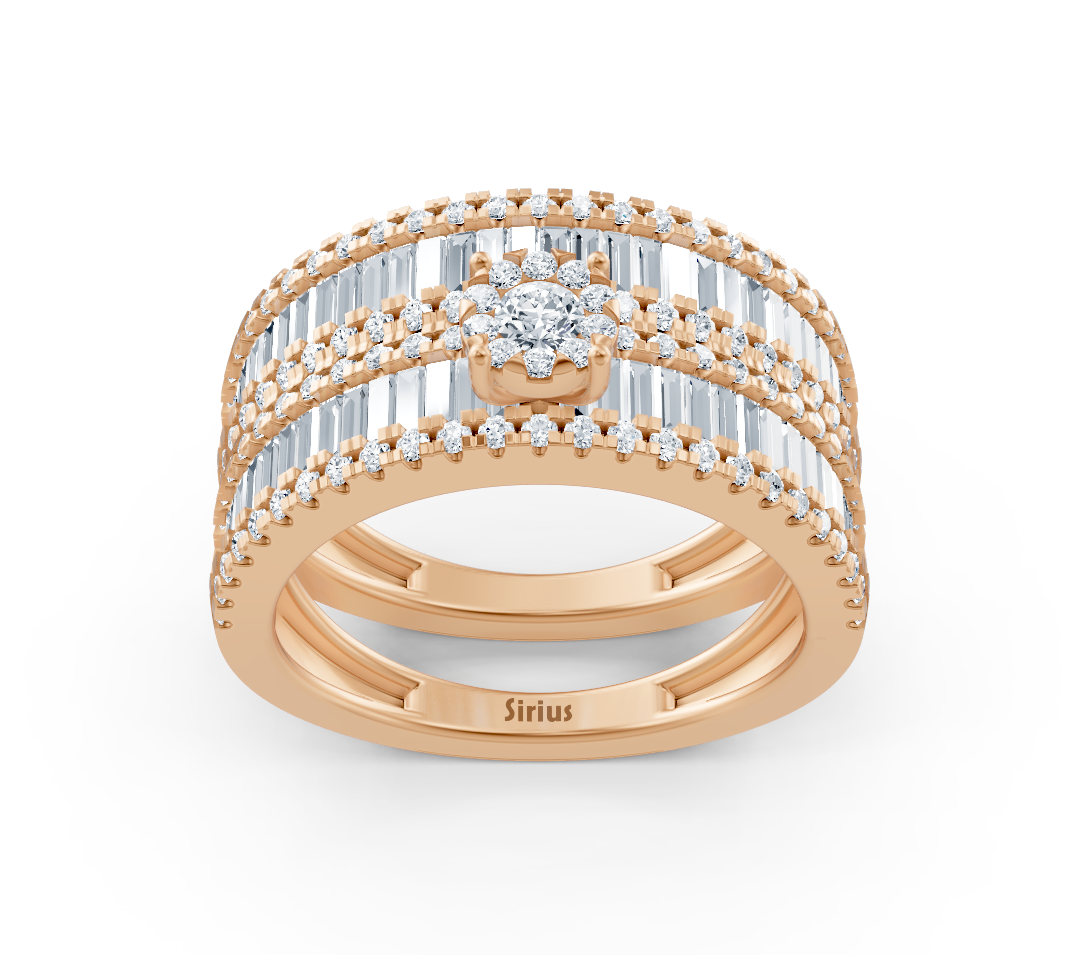 Rose Altın Baguette ve Yuvarlak Pırlantalı Geniş Nişan Yüzüğü - Rosy Lab Diamonds'tan yüksek kaliteli Mücevher