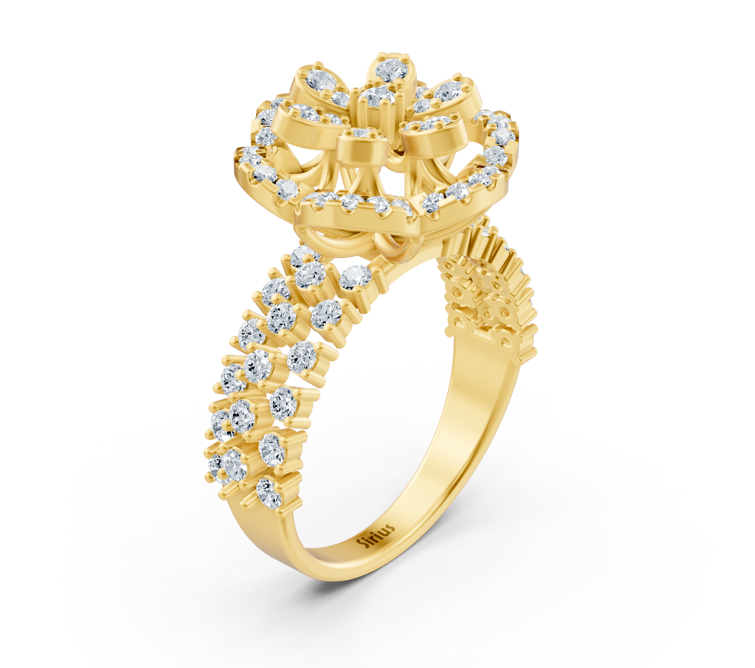 Yellow gold ring with raised center and pavé setting of lab diamonds