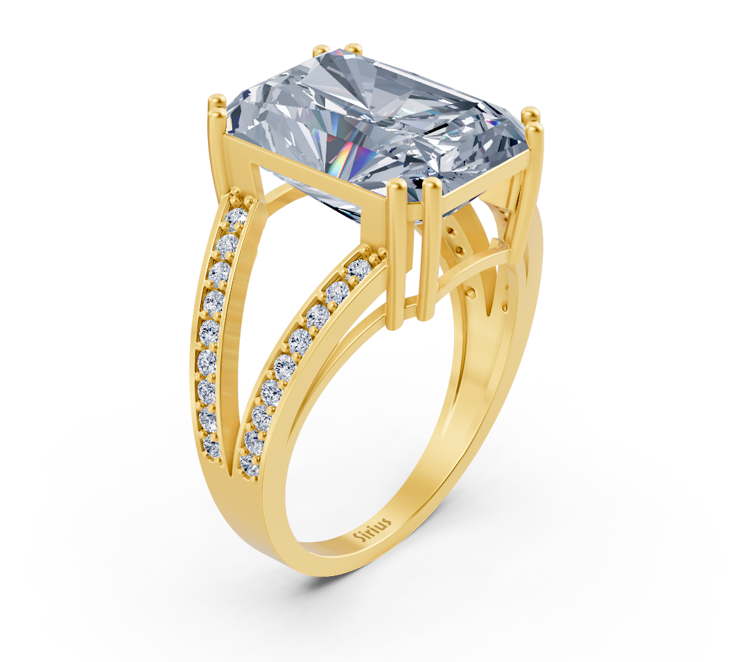 Extravagant radiant solitaire ring with pavé lab diamonds in 14K yellow gold