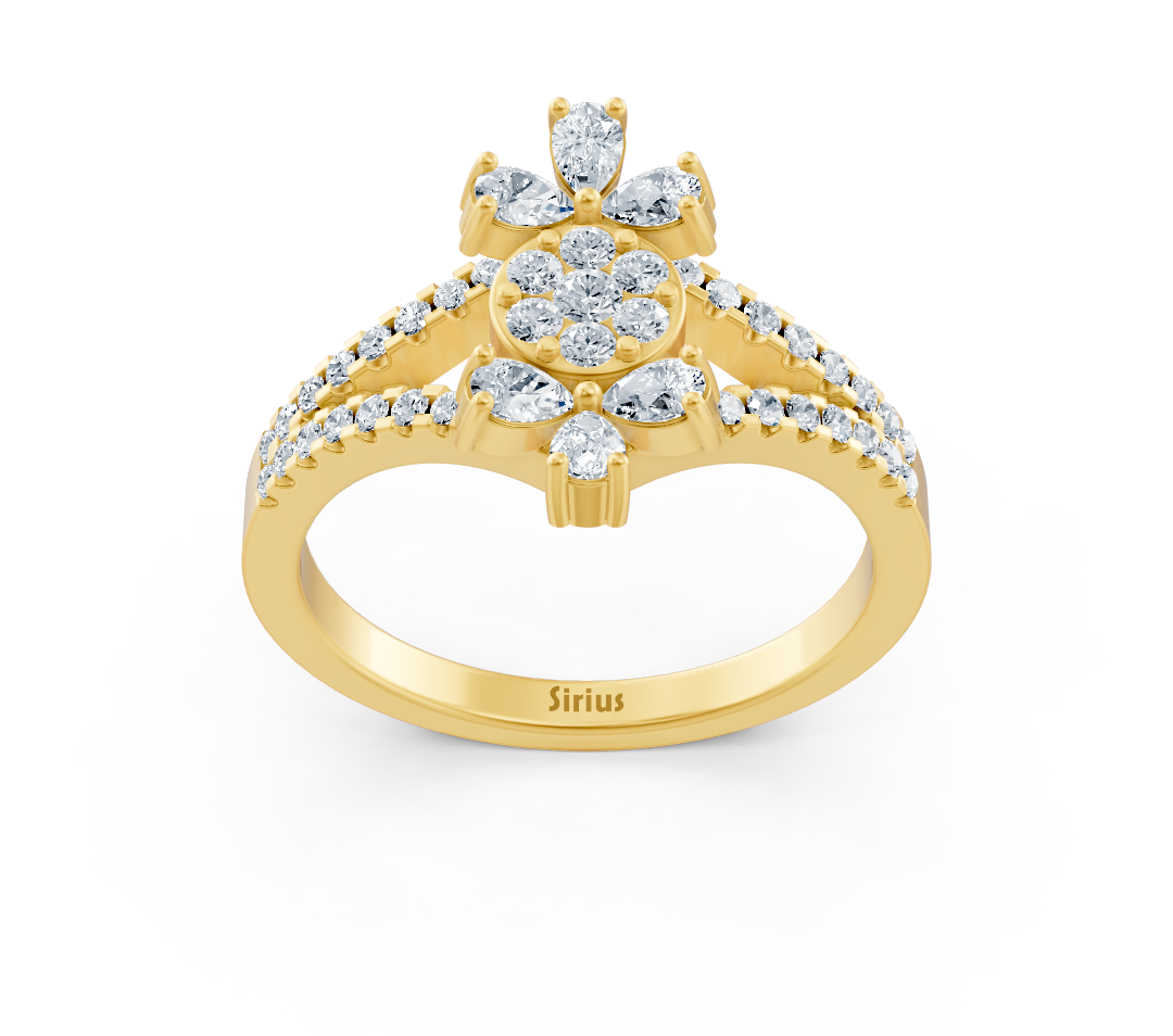 Yellow gold ring with triple setting and round as well as pear diamonds