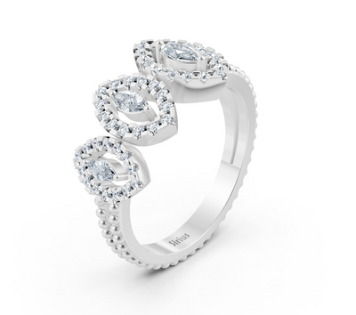 Modern triple marquee ring made of white gold with lab diamonds
