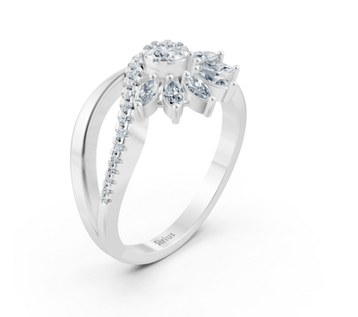 Weißgoldener Ring mit Labordiamanten im Sonnenblumen-Design