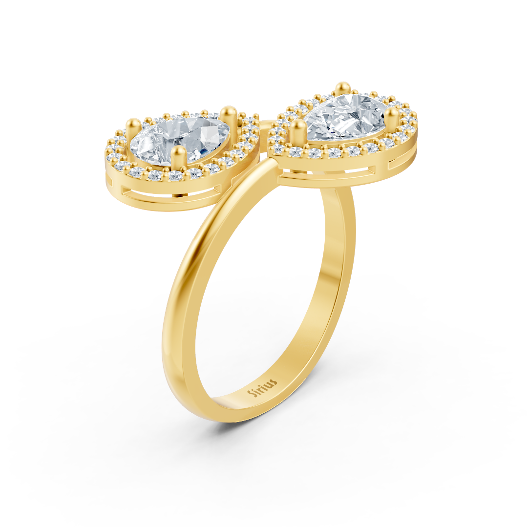 Open double ring with lab diamonds in pear and round cut in yellow gold – 77R0252