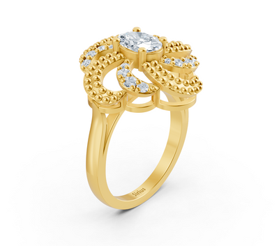 Artistic yellow gold ring with oval center stone – 0.54 carat
