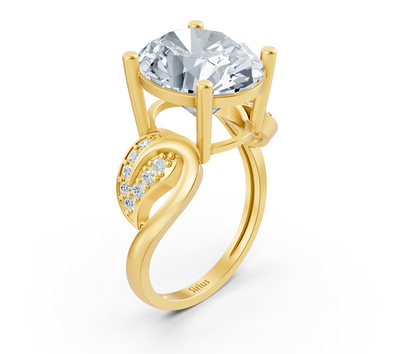Verlobungsring aus Gelbgold mit ovalem Labordiamanten und geschwungener Diamantfassung