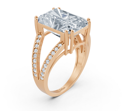 Extravagant radiant solitaire ring with pavé lab diamonds in 14K rose gold