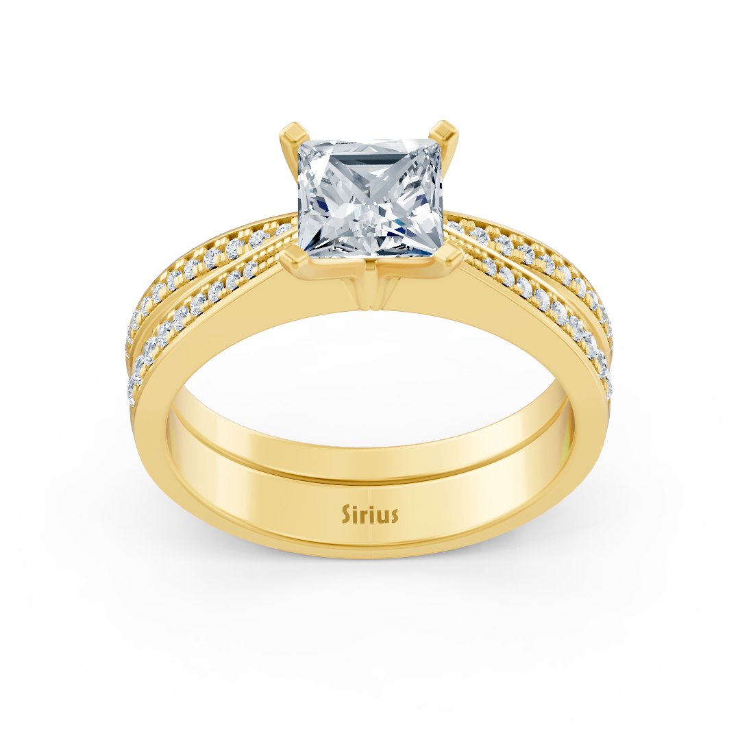 Bague de fiançailles en Or Jaune avec taille princesse et diamants pavés – 1,78 ct – Bijoux haut de gamme de Rosy Lab Diamonds
