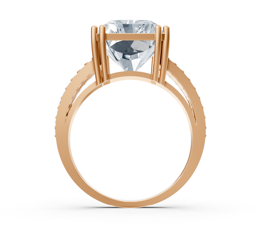 Extravagant radiant solitaire ring with pavé lab diamonds in 14K rose gold